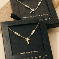 Secret Box Gold Dipped Pearls And Cross Toggle Chain - Gold