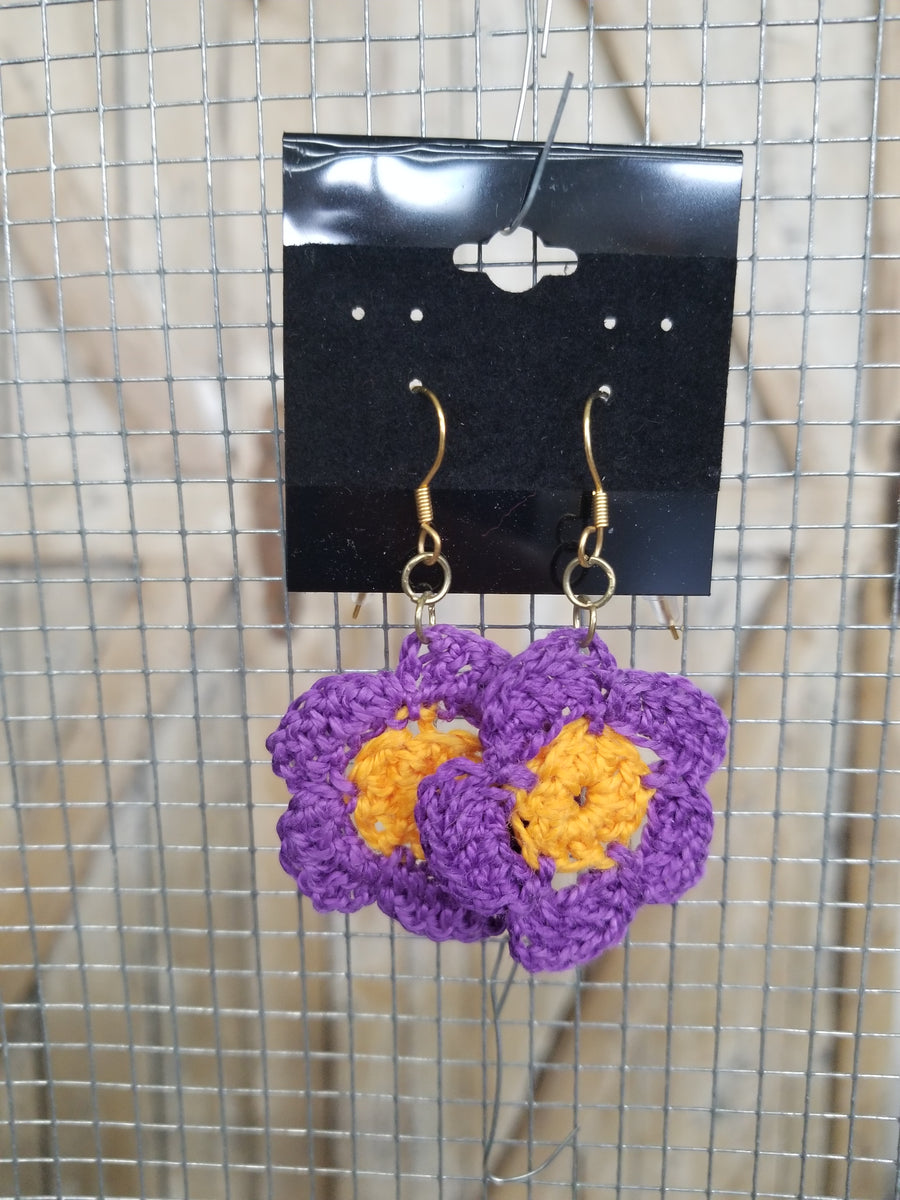 Purple & Yellow Flower Crochet Earrings