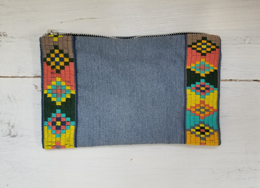 Denim & Embroidered Cosmetic Bag