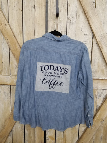 Repurposed Denim Shirt with Sponsored By Coffee Patch