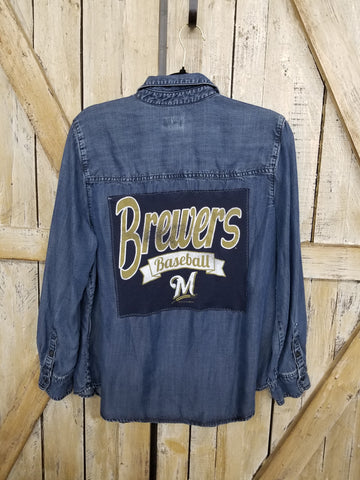 Repurposed Denim Shirt with Brewers Baseball Patch