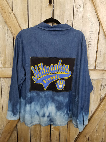 Repurposed Bleached Denim Shirt with Brewers Patch