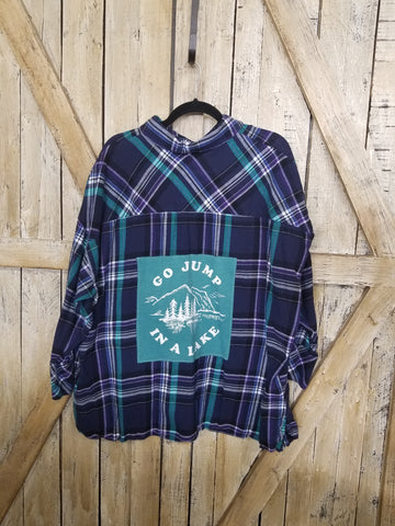 Repurposed Flannel Shirt with Go Jump In A Lake Patch