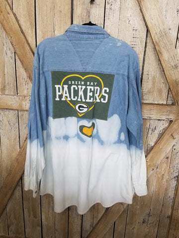 Repurposed Bleached Denim Shirt with Packers Patch