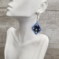 Navy Diamond with Silver Bead Crochet Earrings