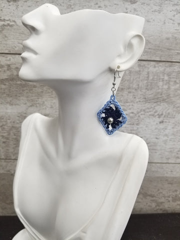Navy Diamond with Silver Bead Crochet Earrings