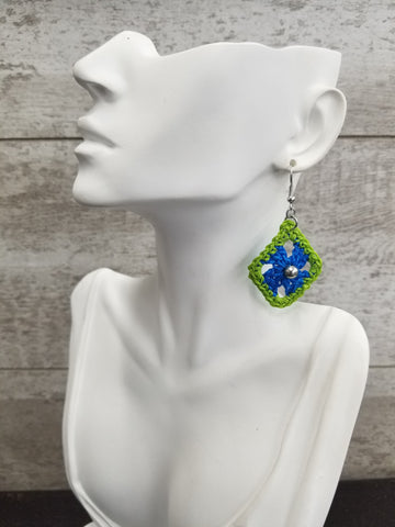 Blue & Green Diamond with Silver Bead Crochet Earrings