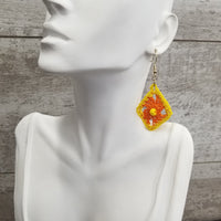Orange Diamond with Yellow Bead Crochet Earrings