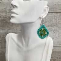 Green Diamond with Blue Bead Crochet Earrings