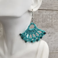 Beaded Blue Fan Crochet Earrings