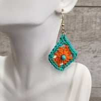 Orange Diamond with Blue Bead Crochet Earrings