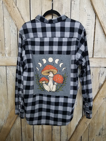 Repurposed Flannel Shirt with Mushrooms Patch