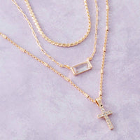 Triple Layered Chain Pave Cross Pendant Necklace: Gold