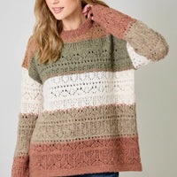Color Blocked Pointelle Sweater - Latte Olive