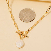 Toggle Chain Link Disc Pearl Charm Necklace: Gold