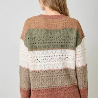 Color Blocked Pointelle Sweater - Latte Olive