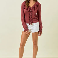 Ruffle Button Front Top - Maroon