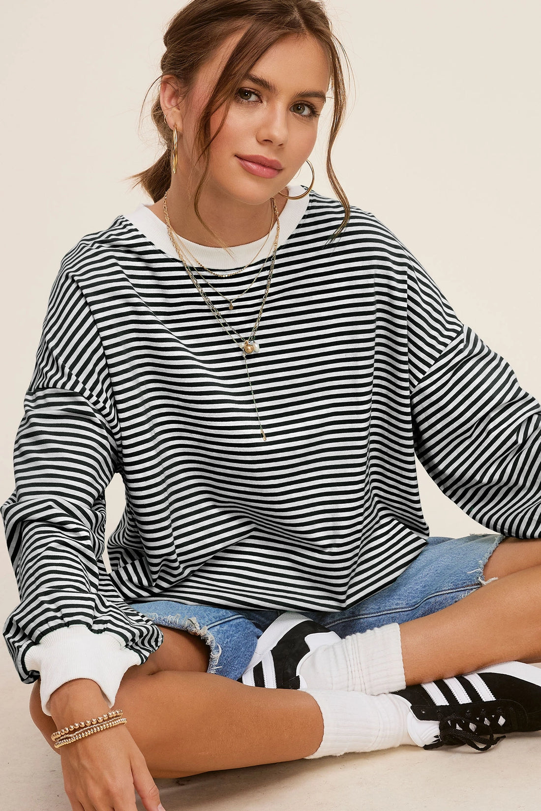 Oversized Striped Long Sleeve Shirt - Black