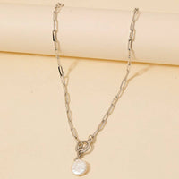 Toggle Chain Link Disc Pearl Charm Necklace - Gold
