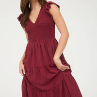 Flutter Sleeve Dress - Burgundy