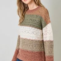 Color Blocked Pointelle Sweater - Latte Olive