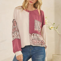 Patchwork Knit Pullover Top - Oatmeal + Burgundy