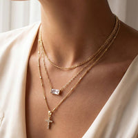 Triple Layered Chain Pave Cross Pendant Necklace: Gold