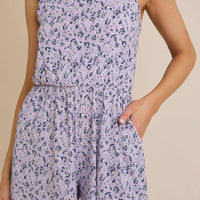 Square Neck Strap Flare Hem Ditsy Romper - Lavender/Navy