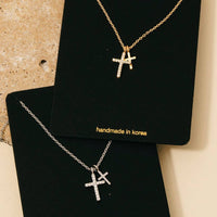 Cubic Zirconia Pave Double Cross Pendant Necklace: Gold
