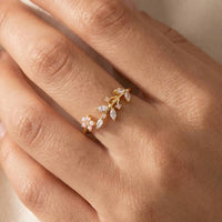 Gold Dipped Dainty Rhinestone Leaf Flower Open Ring: Gold