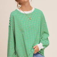 Oversized Striped Long Sleeve Shirt - Green