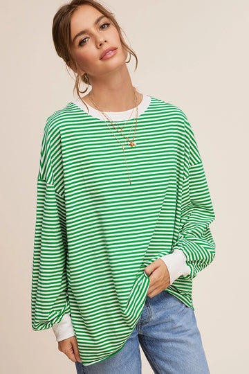 Oversized Striped Long Sleeve Shirt - Green