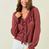 Ruffle Button Front Top - Maroon