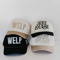 Jeez Louise Unisex Trucker Hat - Black & Cream