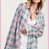 Button Down Spring + Summer Flannel - Light Pink + Green