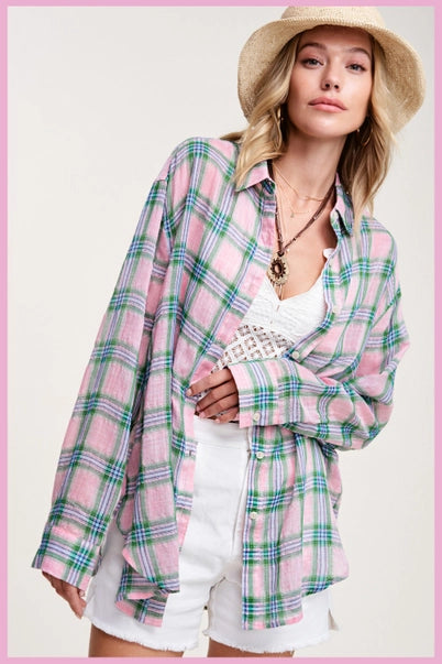 Button Down Spring + Summer Flannel - Light Pink + Green