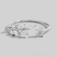 Gold Dipped Dainty Rhinestone Leaf Flower Open Ring: Silver