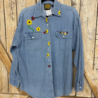 Repurposed Denim Shirt with Flowers Patch