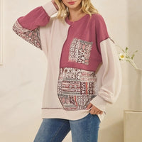 Patchwork Knit Pullover Top - Oatmeal + Burgundy