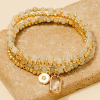 Rectangle Gem And Disc Charm Beaded Bracelet Set