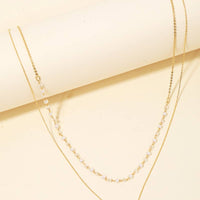 Dainty Layered Chain Pearl Bead Charm Necklace - Gold