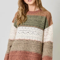 Color Blocked Pointelle Sweater - Latte Olive