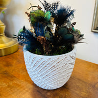 Pheasant + Duck + Guinea Fowl + Peacock Feather Flower Arrangement - White Leaf Pot