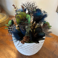 Pheasant + Duck + Guinea Fowl + Peacock Feather Flower Arrangement - White Leaf Pot