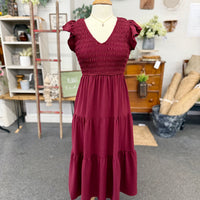 Flutter Sleeve Dress - Burgundy