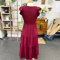 Flutter Sleeve Dress - Burgundy