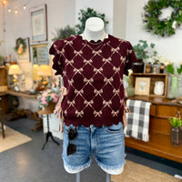 Bow Side Tie Knit Top - Burgundy