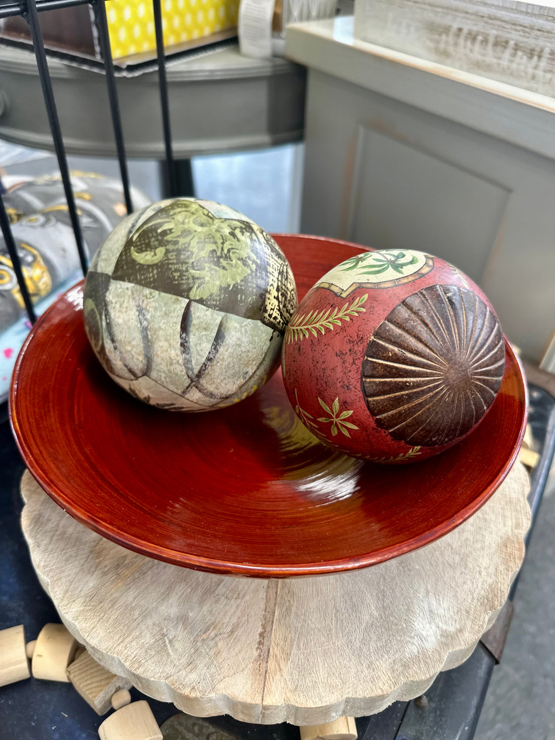 Red Wooden Bowl With Decorative Balls