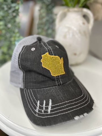 Distressed Wisconsin Hat - Gold Glitter Patch