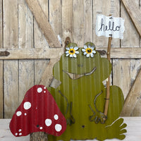 Metal Frog with Hello Sign & Mushroom